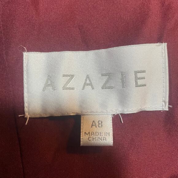 Azazie Empire Waist Gown Draped Front Mesh Overlay Maxi V Neck Burgundy Womens 8 - Picture 6 of 10